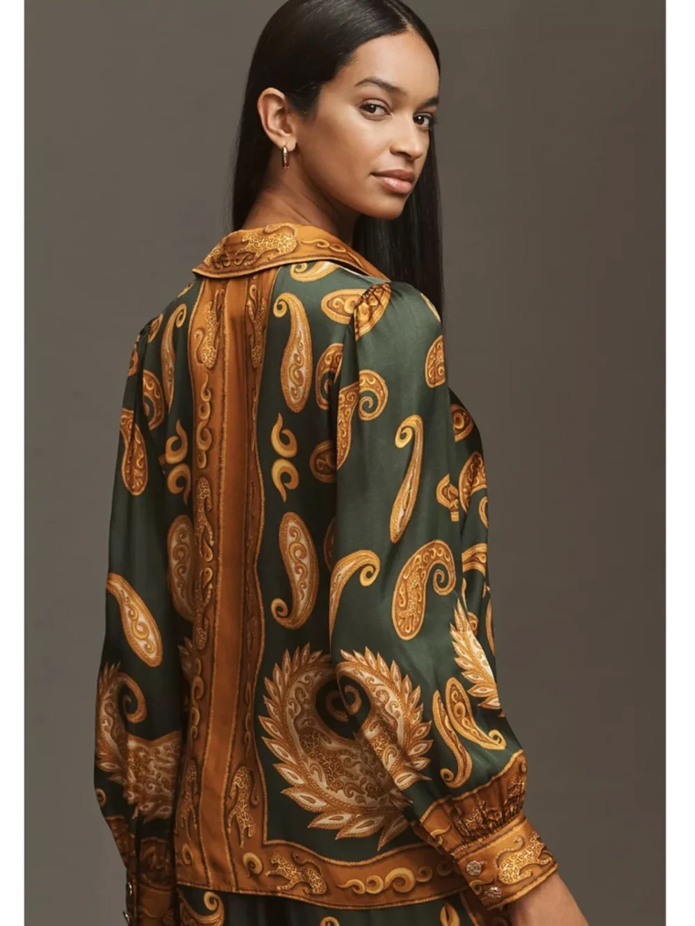 FARM Rio x Anthropologie Gold and Green Paisley Silk Blouse Size XXS NWT